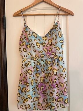 Peach Love California Pastel Leopard Print Romper in Yellow, Brown & Blue